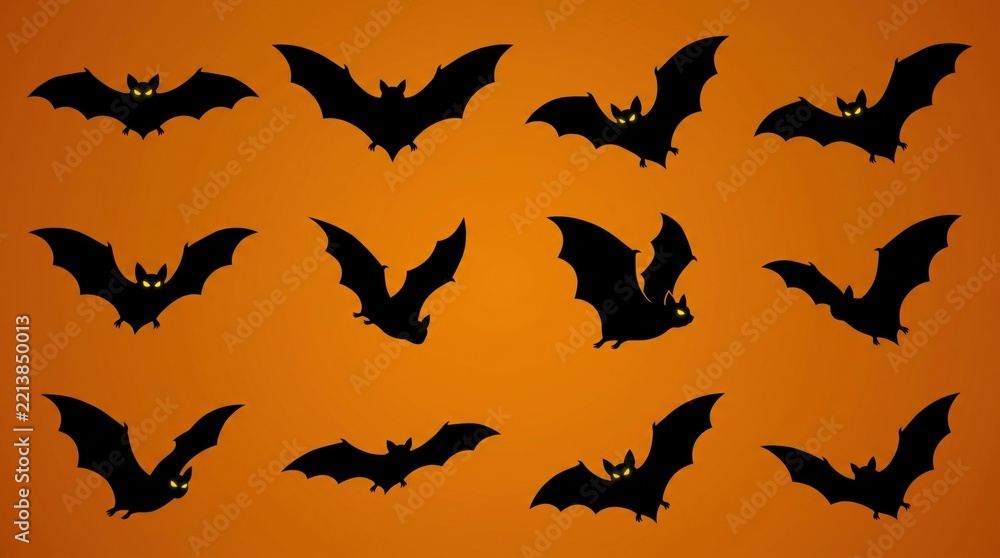 Fototapeta premium Halloween black bat silhouettes collection on orange background, flying spooky bats set for autumn holiday design decoration