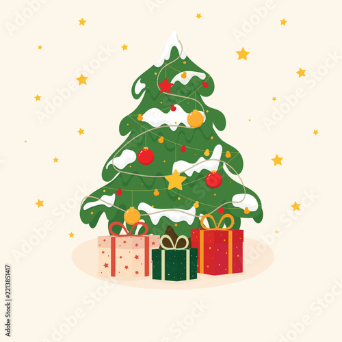 Festive Christmas tree decorated with ornaments, garlands and star topper, surrounded by colorful gifts on a light background.