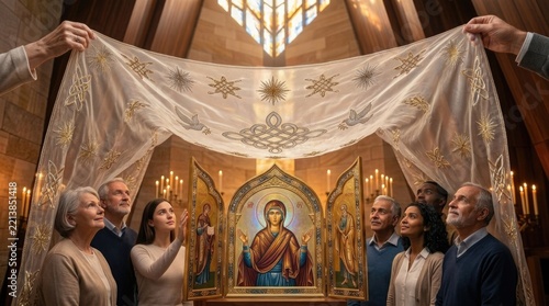 Protection regarding Mother of God, depicting sacred orthodox faith, showing diverse group holding ornate veil over holy icon, demonstrating christian devotion, inside church, prayerful ritual.
