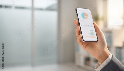 スマートフォンを手に持ってデータを確認するビジネスシーン
