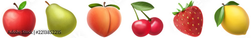 Cartoon fruit emoji icons set. Red apple, green pear, juicy peach, cherries, ripe strawberry and yellow lemon. Fresh healthy organic fruits for menu, grocery, juice and vegan diet design elements.