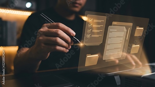 A person holding a glowing digital stylus while interacting with a transparent futuristic touchscreen display showing documents folders and checklist boxes