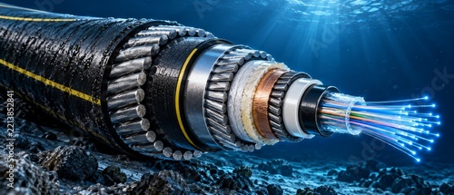 Subsea Fiber Optic Cable Cutaway Showing Internal Layers and Data Transmission