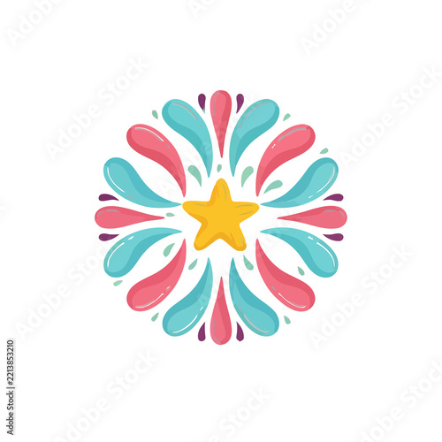 Yellow star with colorful abstract petal shapes