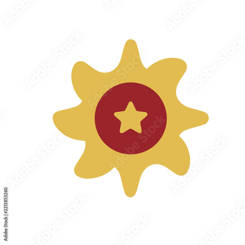 Yellow starburst with red circle and star