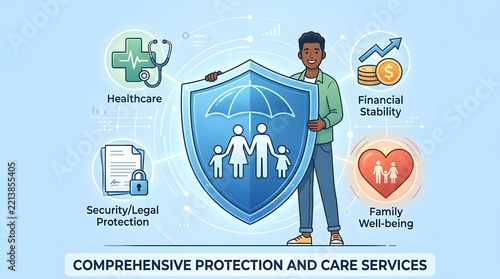 Young man holding a protective shield representing family insurance