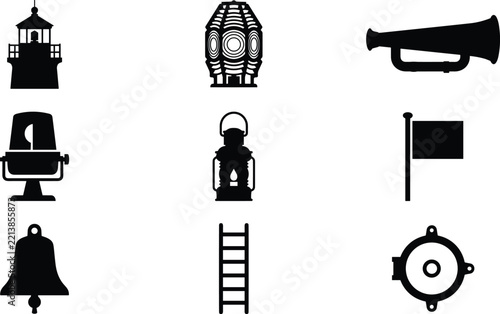 Obraz na plátně Maritime Signaling and Lighthouse Safety Equipment Vector Icon Set Featuring Fog