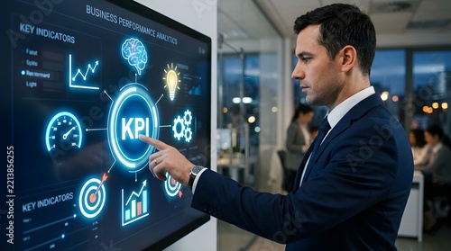 Businessman touching a digital KPI dashboard screen in a modern office