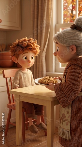 3D illustration: a grandmother treating a red-haired boy to homemade cookies in a cozy kitchen