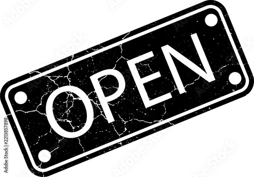 Black distressed grunge rubber stamp featuring the word open inside a rectangular frame vector illustration