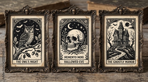 Vintage Gothic Tarot Art Print Set, Dark Academia Skeleton and Haunted House Illustration, Halloween Wall Decor