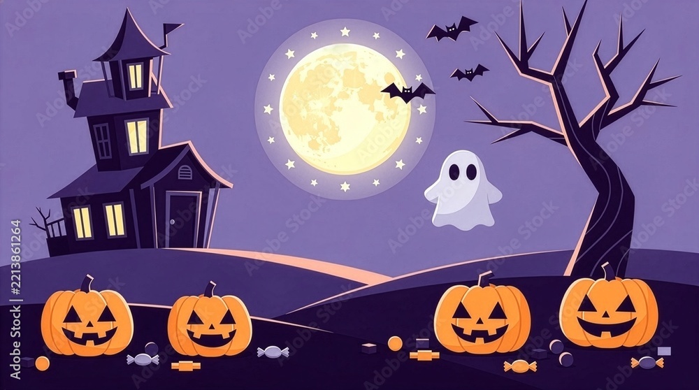 Fototapeta premium Spooky Halloween night background vector illustration with a haunted house, cute flying ghost, scary pumpkins, sweets, bats, and a dead tree under a big glowing full moon
