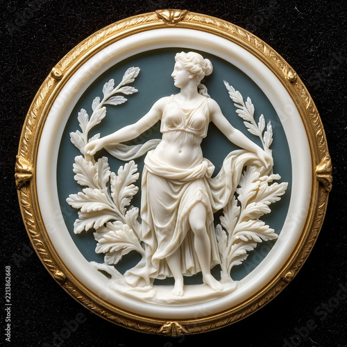 Classical sculpture of a woman in a flowing dress surrounded by leaves