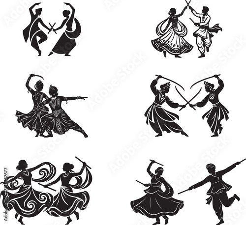 Collection of traditional Gujarati Dandiya Raas and Garba folk dance couple poses, black and white line art vector set.