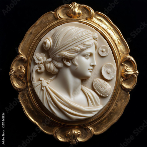 Ivory relief of a classical female figure with intricate frame on black background