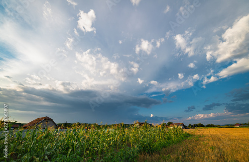 Dramatic thunderstorm over cornfield and wheat field with farmhouses on rural horizon in Transylvania, Romania.