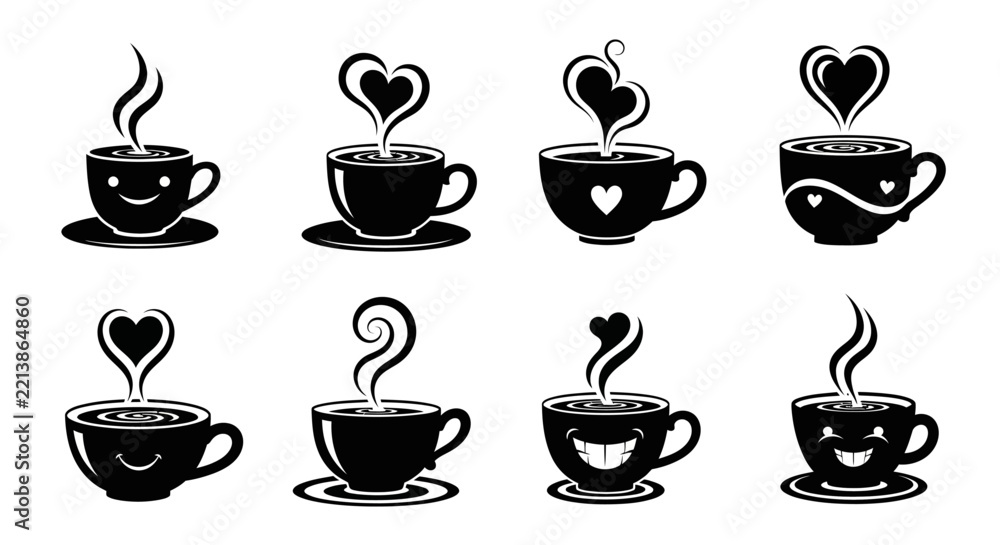 Obraz premium Set of eight cartoon coffee cups with heart shaped steam and smiling faces, black and white vector art for cafe or restaurant branding