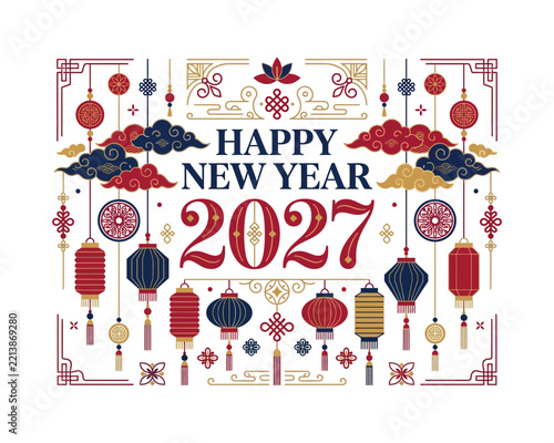 Happy New Year 2027 Chinese Red Lanterns Clouds Festive Greeting Card Traditional Design
