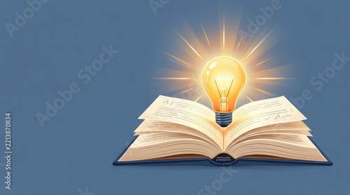 Glowing light bulb emerging from an open book with light rays symbolizing knowledge and inspiration