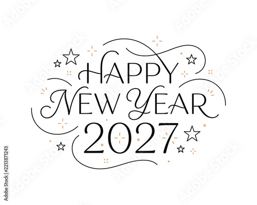 Happy New Year 2027 Elegant Hand Lettering Greeting Design With Minimal Line Art Stars And Decorative Elements
