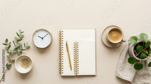 Minimalist flat lay workspace featuring open spiral notebooks, golden pen, clock, coffee cup, and plant