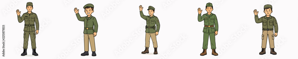 Fototapeta premium A set of vector illustrations of a male soldier standing, smiling, and waving.