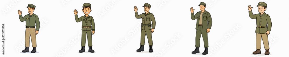 Fototapeta premium A set of vector illustrations of a male soldier standing, smiling, and waving.