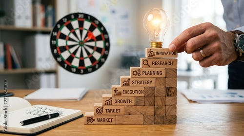 Business strategy and innovation concept with wooden blocks stacked in a staircase and glowing light bulb