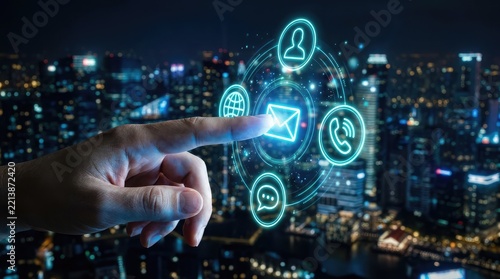 Person touching a glowing holographic communication and contact interface with email, phone, and profile icons