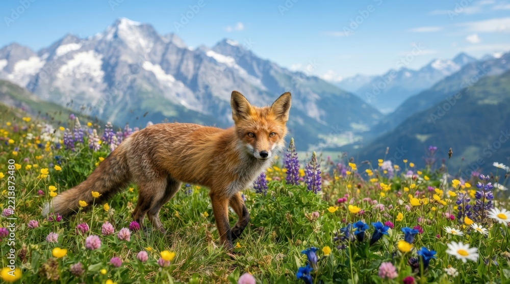 Fototapeta premium Red fox standing in a vibrant alpine meadow with majestic snow-capped mountains in the background