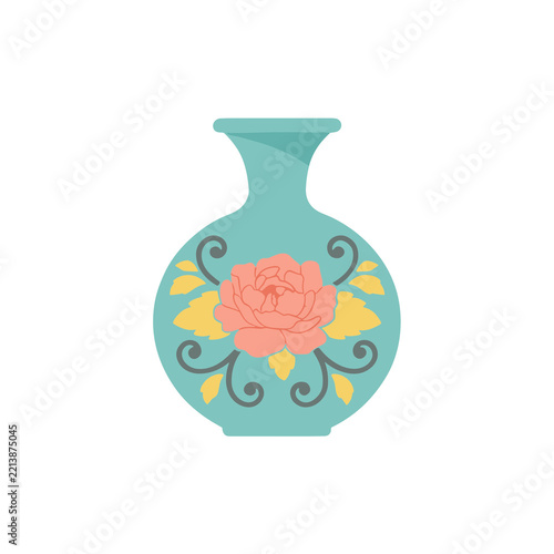 Teal vase with floral decoration