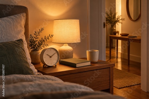 Analog alarm clock and book on bedside table in screen free bedroom