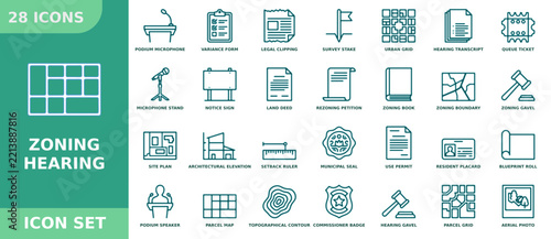 Zoning hearing icon set, urban planning and municipal development symbols, vector illustration for government and real estate projects
