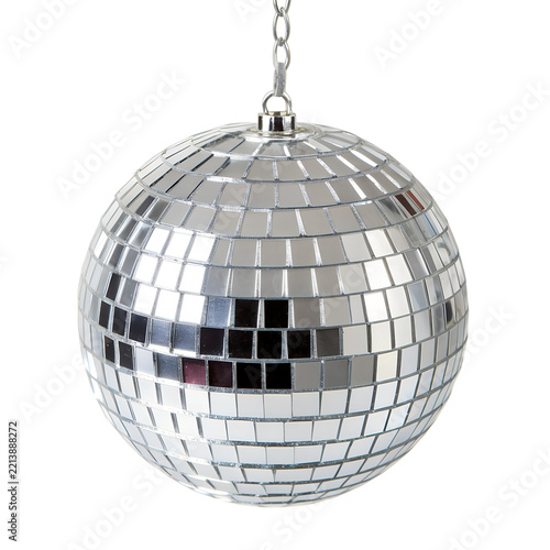 Silver mirror disco ball hanging on chain isolated on transparent background