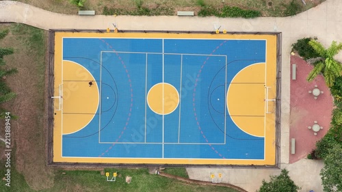 Overhead Aerial View of Outdoor Blue and Yellow Sports Court