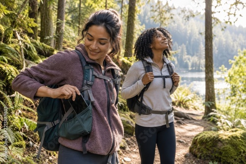 Two women hiking in forest trail packing phone away for digital detox