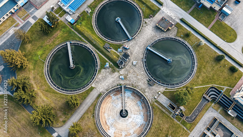 Aerial drone shot of municipal water treatment