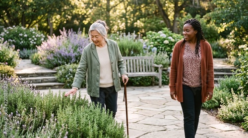 Older woman enjoys sensory herb garden with volunteer