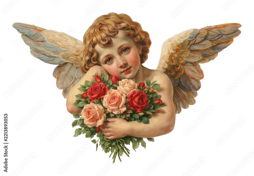 Fototapeta premium PNG Cherubic angel holding colorful roses.
