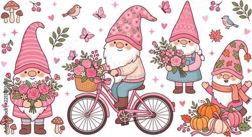 Gnomes with flowers and pumpkins depict a whimsical vector illustration on white