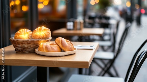 Relaxed Urban Dining Atmosphere with Street cafe outdoor with warm bakery glow empty chairs evenin