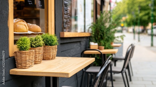 Relaxed Urban Dining Atmosphere with Street cafe outdoor with warm bakery window and patio chairs