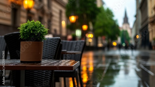 Relaxed Urban Dining Atmosphere with Street cafe outdoor with wet chairs after rain reflections wa