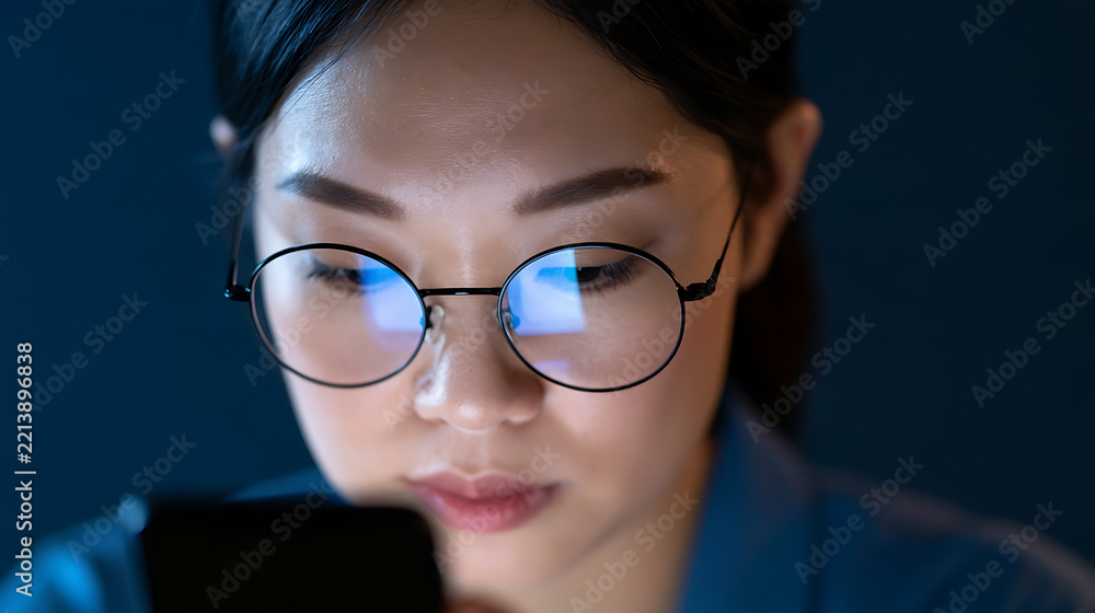 Fototapeta premium Young Asian woman wear round glasses and look at smartphone screen in dark room, night mobile phone use concept close up portrait shoot