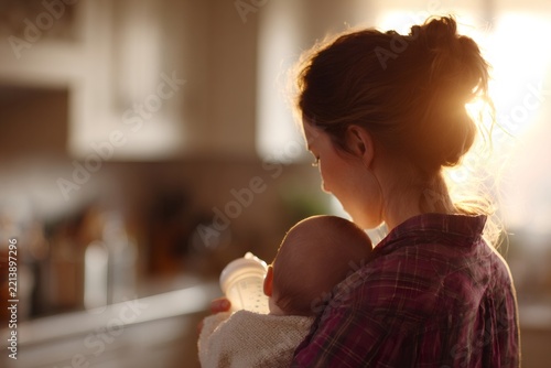 Rear view of a mother feeding her baby with a bottle in a kitchen with warm morning light. Domestic scene of childcare and motherhood. Woman holding her infant at home