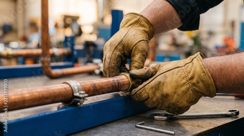 Gloved hands reseat a copper pipe coupling in class