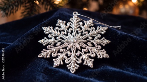 Winter Holiday Ornament, A sparkling snowflake ornament rests softly on a dark velvet winter surface