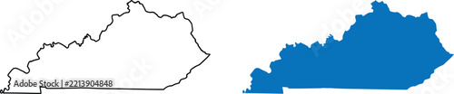Kentucky state map outline and solid blue silhouette icon set