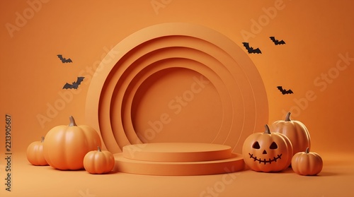 Halloween pumpkin display with bats and circular background halloween seasonal