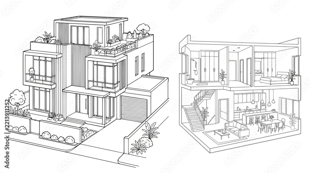 Obraz premium Duplex House Line Art Vector Illustration | Modern Residential Architecture Drawing | Elegant Home Outline Design